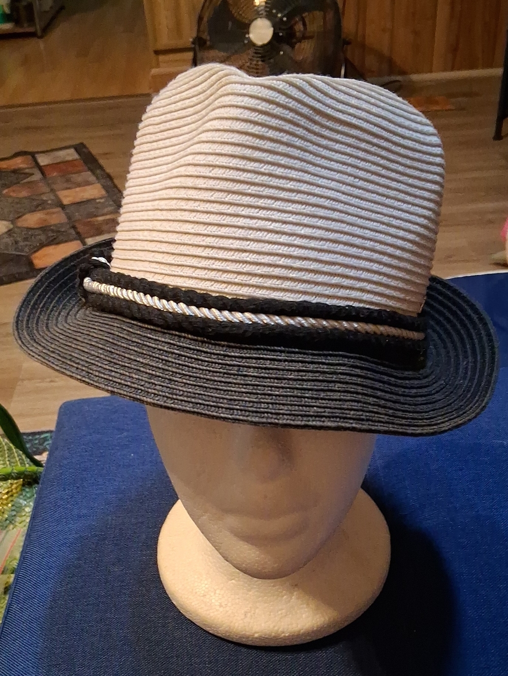 Two-Tone Straw Fedora Hat — Navy Blue And White